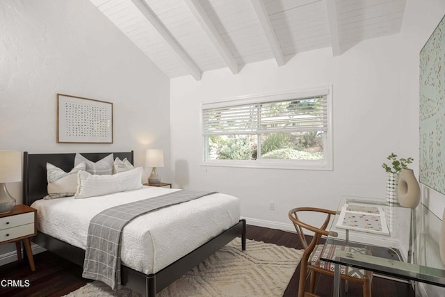 bedroom with lofted ceiling with beams, wood ceiling, baseboards, and wood finished floors