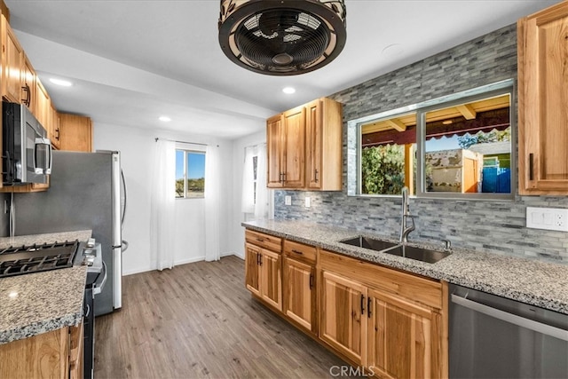 kitchen featuring decorative backsplash, wood finished floors, light stone countertops, stainless steel appliances, and a sink