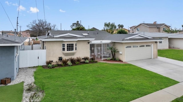 single story home featuring a garage, driveway, stucco siding, fence, and a front yard