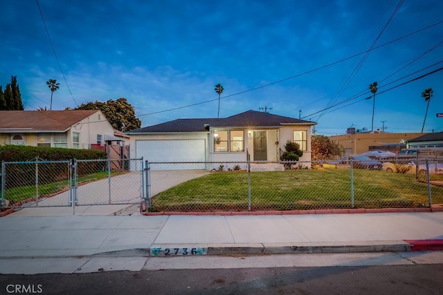 ranch-style house with a fenced front yard, a front yard, and stucco siding