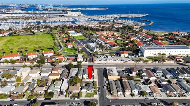 bird's eye view with a water view