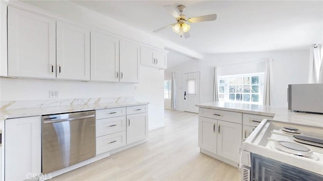 kitchen with lofted ceiling with beams, electric stove, stainless steel dishwasher, light stone countertops, and light wood finished floors