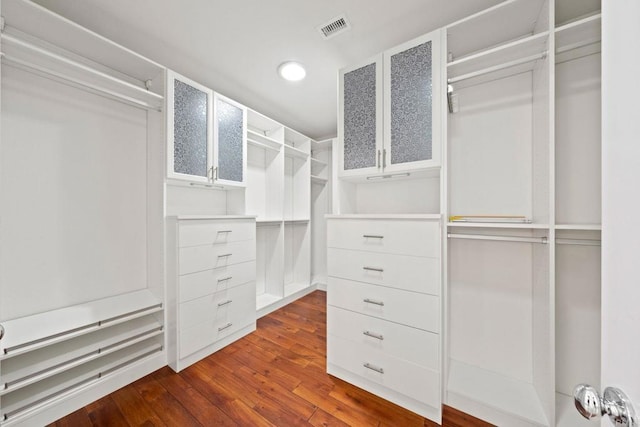 spacious closet featuring visible vents and dark wood-style flooring