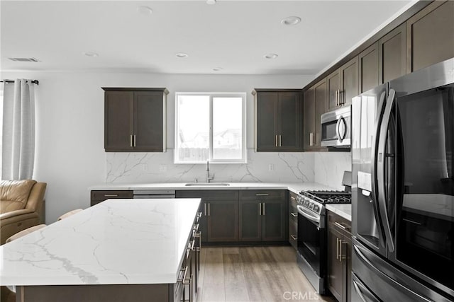 kitchen with dark brown cabinetry, stainless steel appliances, a sink, backsplash, and light wood finished floors