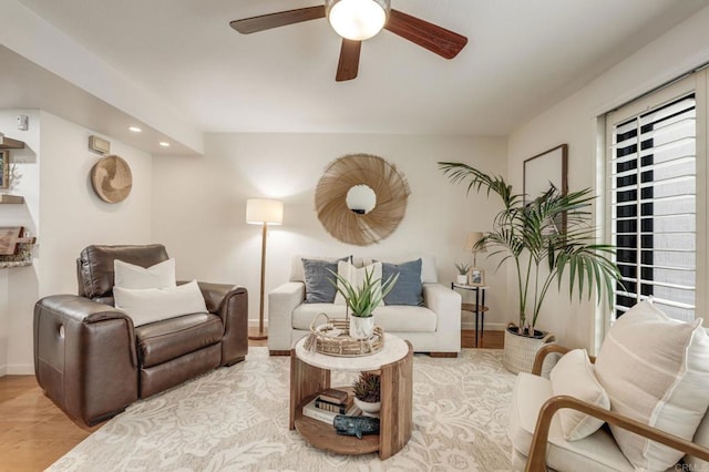 sitting room featuring baseboards, a ceiling fan, wood finished floors, and recessed lighting