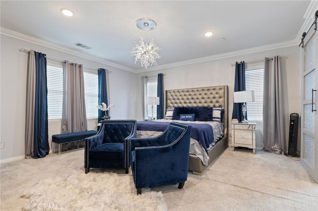 20900 Center St, Riverside, CA 92507 - bedroom with carpet flooring, ornamental molding, and a chandelier