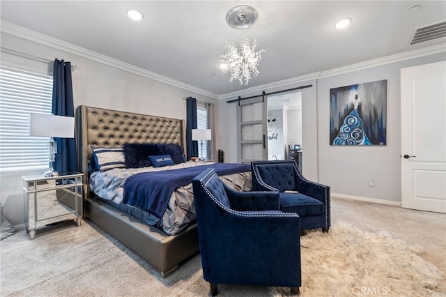 20900 Center St, Riverside, CA 92507 - bedroom featuring carpet, ornamental molding, a barn door, and a chandelier
