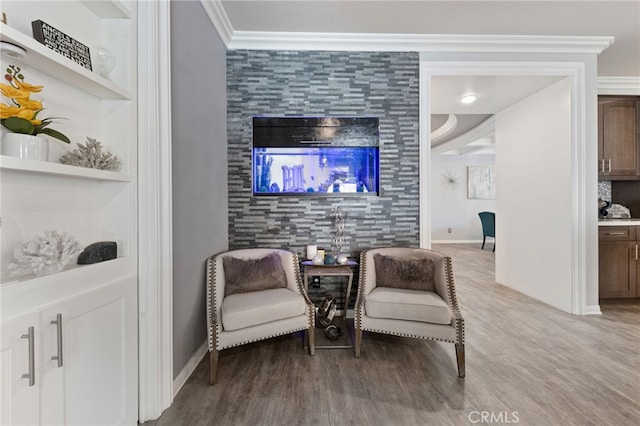 20900 Center St, Riverside, CA 92507 - living area featuring wood finished floors and ornamental molding