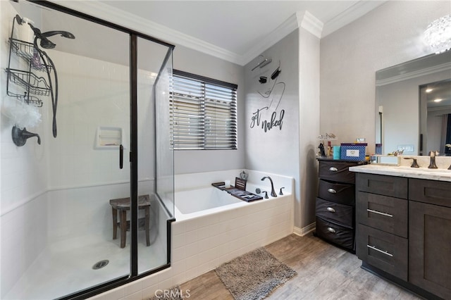 20900 Center St, Riverside, CA 92507 - full bathroom featuring a shower stall, a bath, crown molding, vanity, and wood finished floors