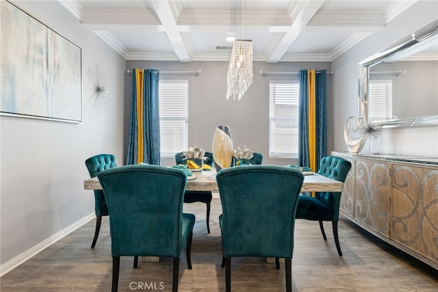 20900 Center St, Riverside, CA 92507 - dining area with beam ceiling, coffered ceiling, a chandelier, crown molding, and wood finished floors