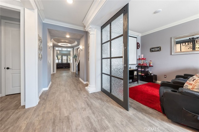 20900 Center St, Riverside, CA 92507 - corridor with ornamental molding, ornate columns, light wood-type flooring, and french doors