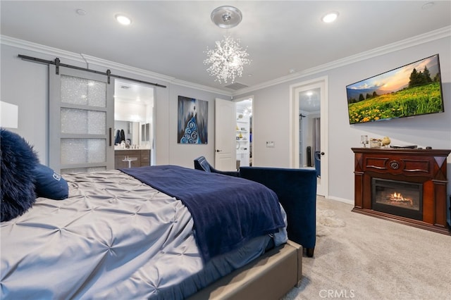 20900 Center St, Riverside, CA 92507 - carpeted bedroom featuring ornamental molding, a glass covered fireplace, ensuite bathroom, and recessed lighting