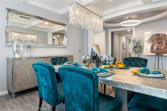 20900 Center St, Riverside, CA 92507 - dining area with crown molding, wood finished floors, and a chandelier
