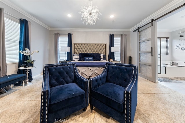 20900 Center St, Riverside, CA 92507 - carpeted bedroom featuring a barn door, multiple windows, crown molding, and a chandelier