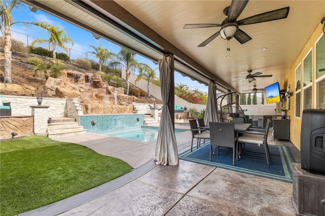 20900 Center St, Riverside, CA 92507 - view of patio featuring outdoor dining space, stairs, and a ceiling fan