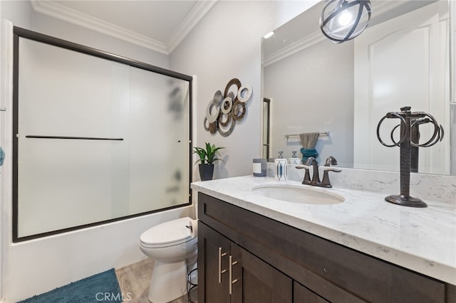 20900 Center St, Riverside, CA 92507 - full bath with crown molding, vanity, shower / bath combination with glass door, and wood finished floors
