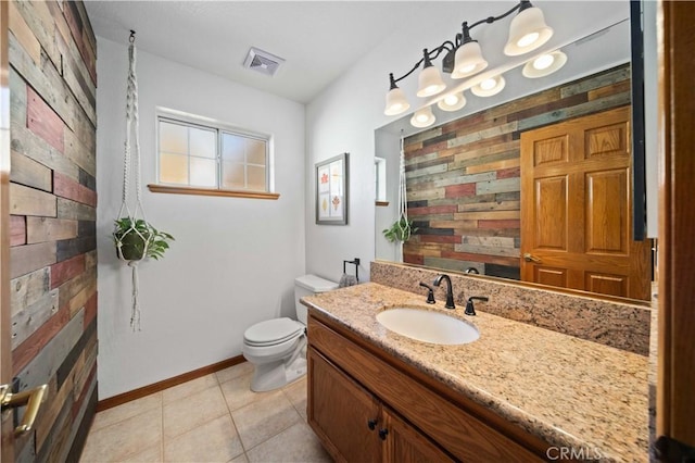 full bath featuring toilet, an accent wall, wood walls, vanity, and visible vents