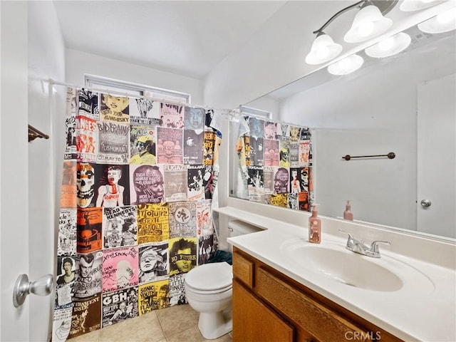 full bath featuring toilet, a shower with curtain, tile patterned flooring, and vanity