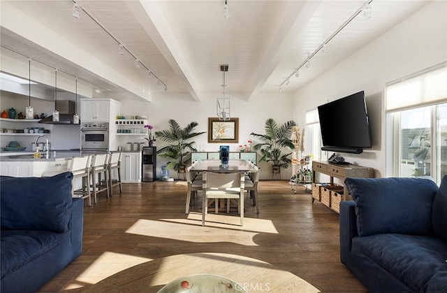 living area featuring dark wood-style floors, beamed ceiling, and rail lighting