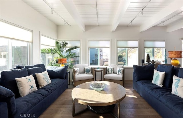 sunroom with beamed ceiling and rail lighting