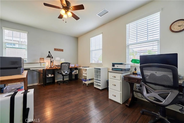 home office with a healthy amount of sunlight, a ceiling fan, visible vents, and dark wood-type flooring