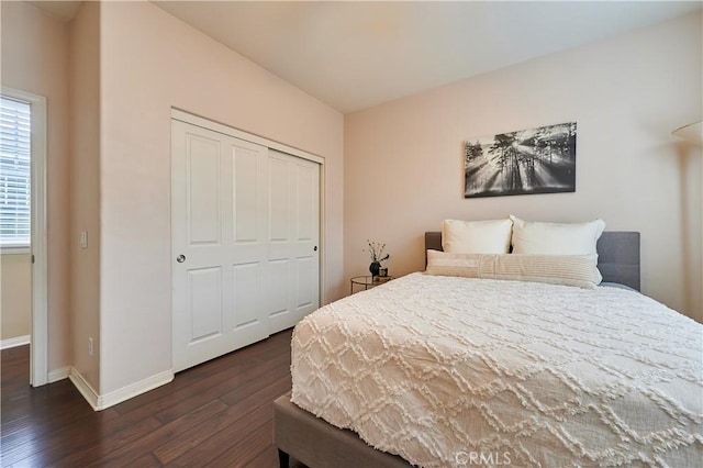 bedroom featuring baseboards, dark wood finished floors, and a closet