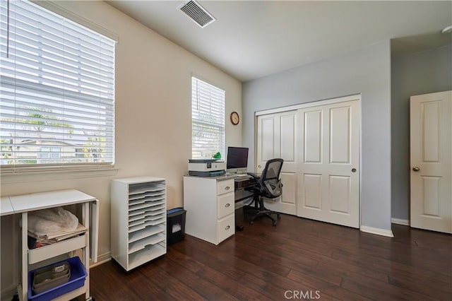 office with dark wood finished floors, visible vents, and baseboards