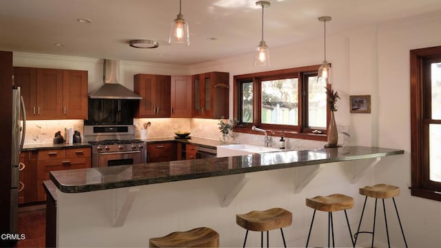 kitchen with decorative backsplash, appliances with stainless steel finishes, a sink, wall chimney range hood, and a peninsula