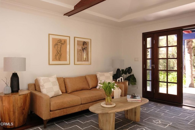 living room with a wealth of natural light, beam ceiling, and crown molding