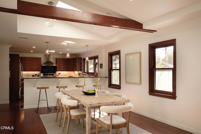 dining room featuring visible vents, baseboards, dark wood-style flooring, vaulted ceiling with beams, and recessed lighting