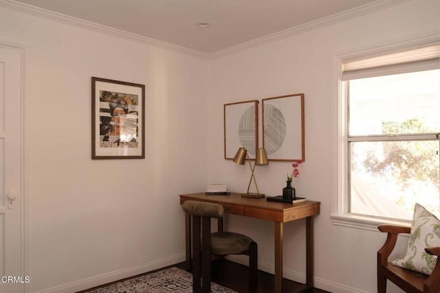 office area featuring crown molding, plenty of natural light, and baseboards