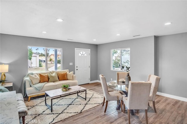 living area featuring visible vents, recessed lighting, light wood-style flooring, and baseboards