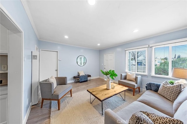 living area featuring light wood finished floors, crown molding, and recessed lighting