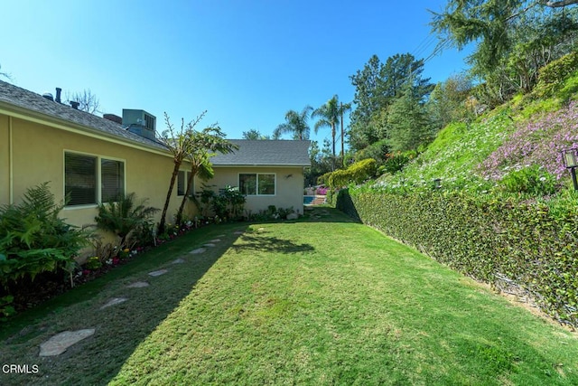 view of yard featuring fence and central air condition unit