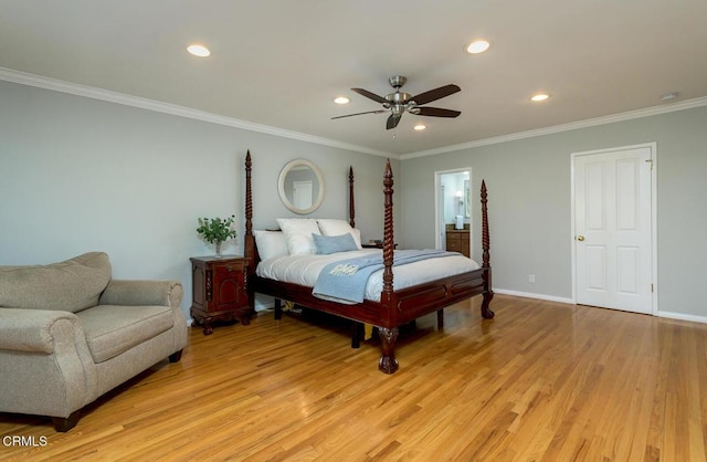 bedroom featuring light wood finished floors, baseboards, ornamental molding, and recessed lighting