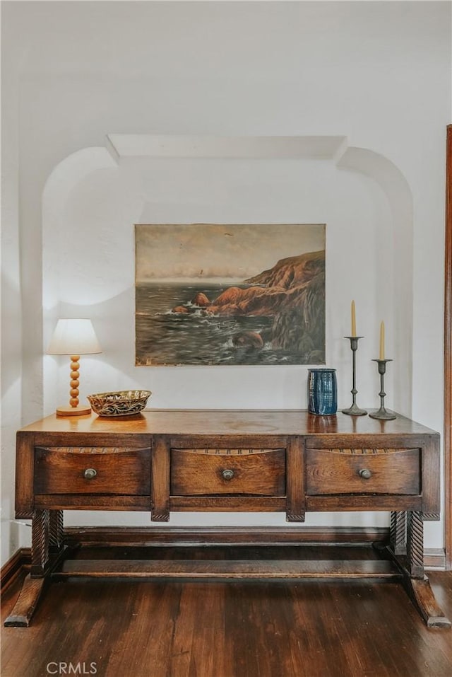 details featuring arched walkways, baseboards, and wood finished floors