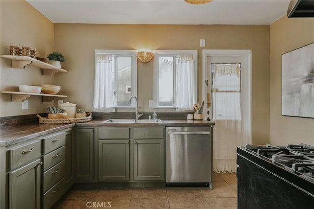 kitchen with open shelves, a sink, stainless steel dishwasher, black gas stove, and light tile patterned floors