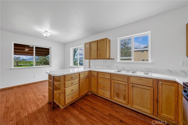 kitchen with a peninsula, dark wood-style floors, open shelves, and a sink