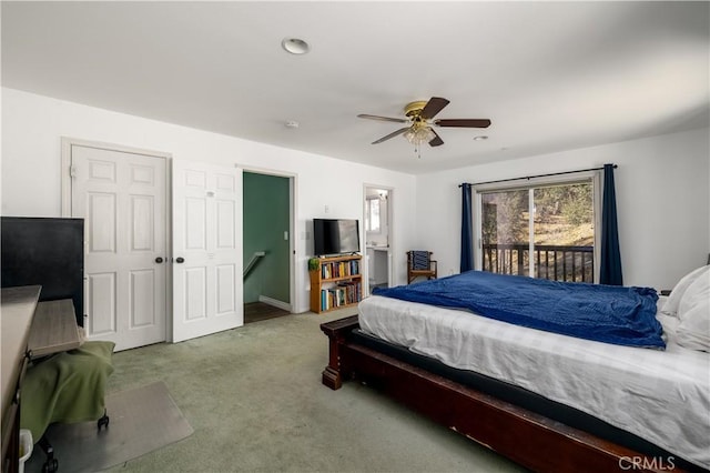 bedroom with access to exterior, carpet, and ceiling fan