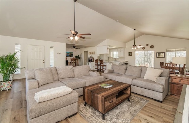 47384 Veater Ranch Rd, Coarsegold, CA 93614 - living area featuring ceiling fan, light wood-style floors, and high vaulted ceiling