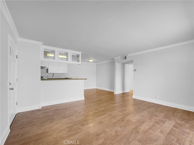 unfurnished living room with light wood-type flooring, baseboards, visible vents, and ornamental molding