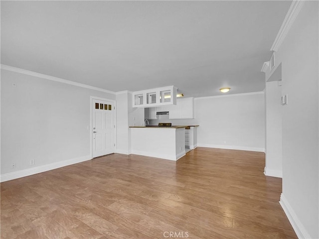 unfurnished living room featuring light wood-style flooring, baseboards, and crown molding