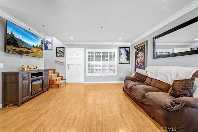 living room featuring recessed lighting, baseboards, stairway, light wood-type flooring, and crown molding