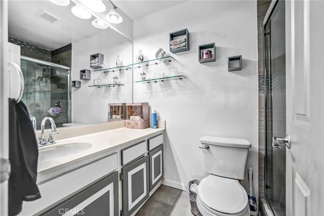 full bathroom with toilet, a stall shower, visible vents, and vanity