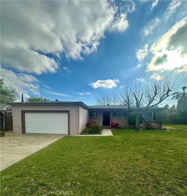 single story home with driveway, a garage, and a front lawn