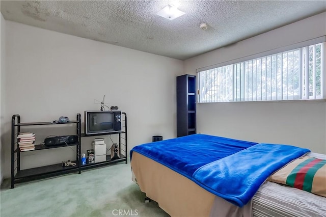 bedroom with a textured ceiling and carpet floors