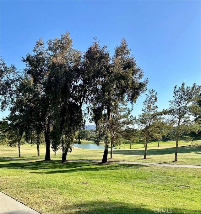 view of home's community featuring a water view and a lawn