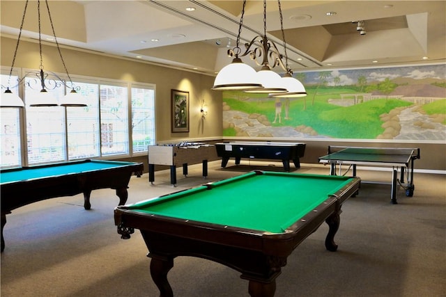 game room with pool table, a tray ceiling, carpet, and recessed lighting