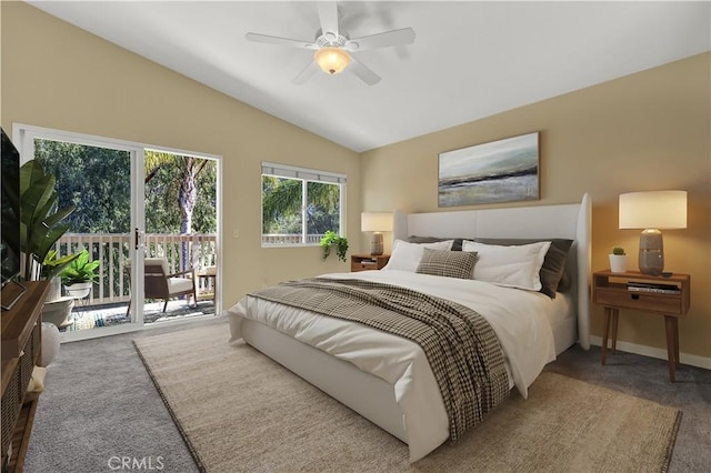 carpeted bedroom with a ceiling fan, access to outside, lofted ceiling, and baseboards