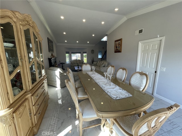 dining area featuring visible vents, lofted ceiling, marble finish floor, crown molding, and recessed lighting